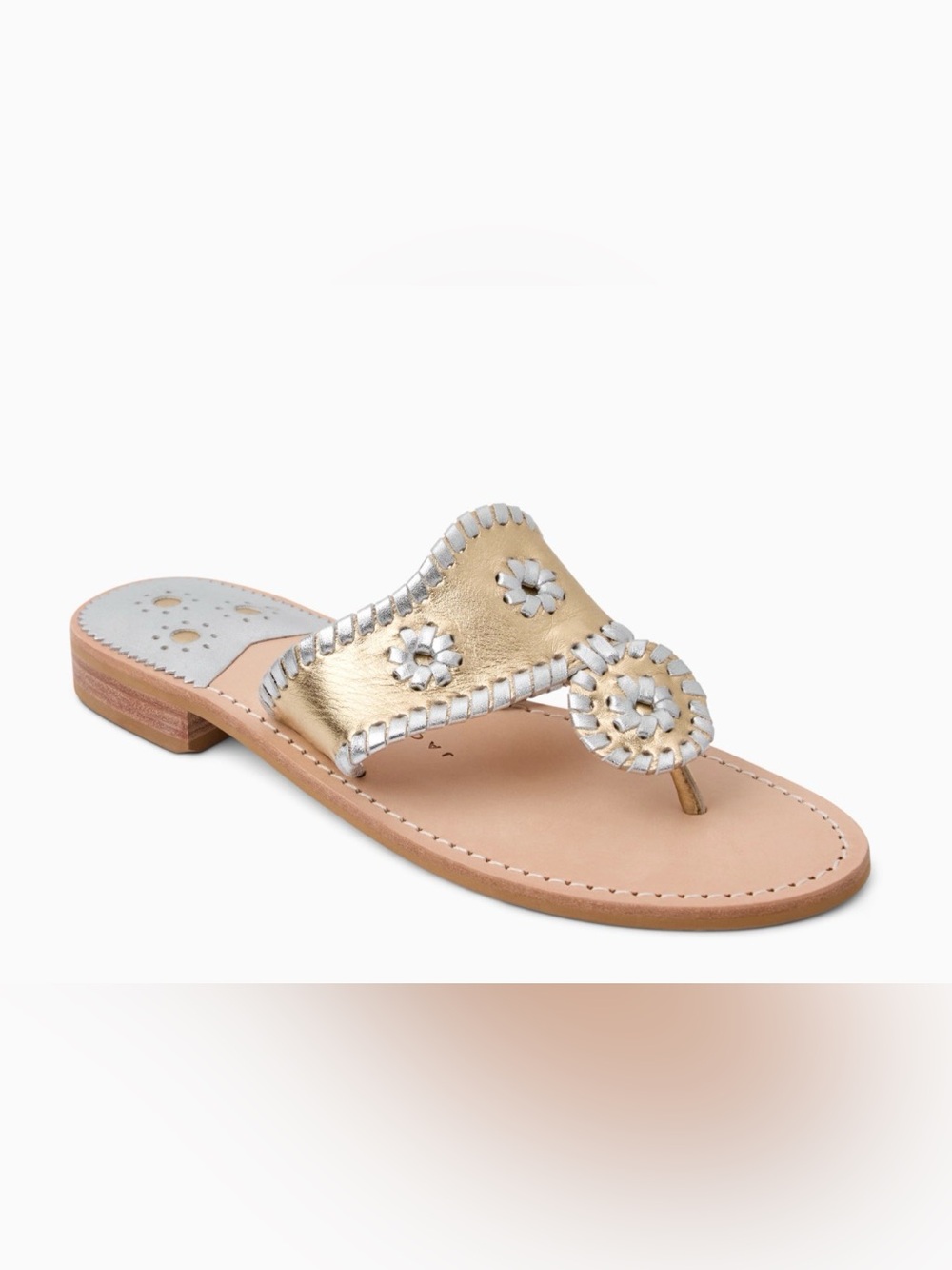 Jack Rogers Gold and White Stitched Floral Thong Sandals